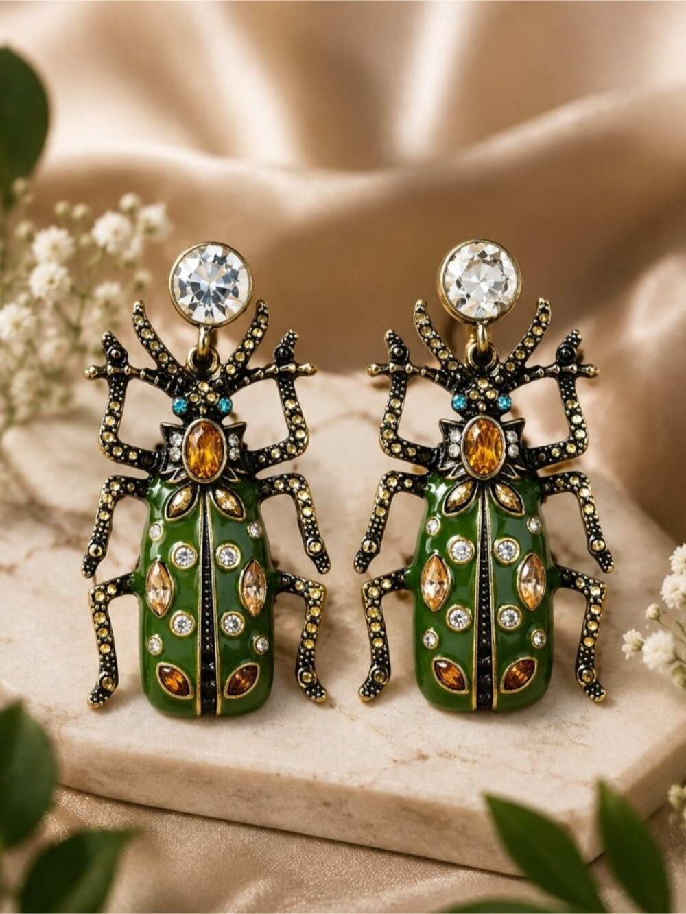 Green Beetle Statement Drop Earrings - Unbranded